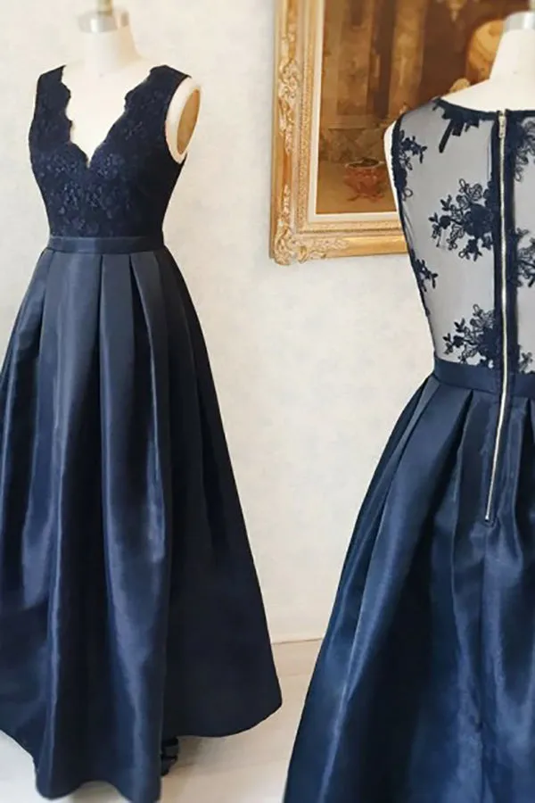 A-Line Deep V-Neck Floor-Length Navy Blue Satin Sleeveless Prom Dress with Appliques LRA231