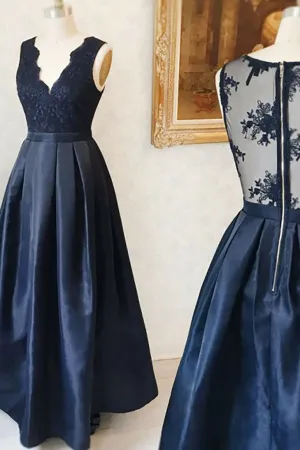 A-Line Deep V-Neck Floor-Length Navy Blue Satin Sleeveless Prom Dress with Appliques LRA231