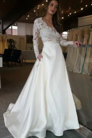A-Line Deep V-Neck Long Sleeves Sweep Train Ivory Satin Wedding Dress with Lace AHC586