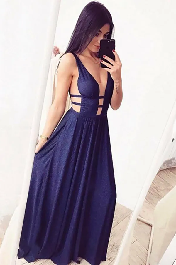 A-Line Deep V-Neck Sweep Train Navy Blue Chiffon Sleeveless Prom Dress LR311