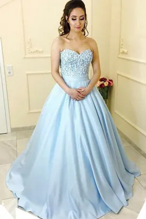 A-Line Sweetheart Court Train Blue Satin Prom Dress with Appliques Pockets LRA364