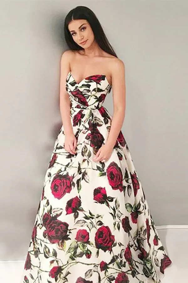 A-Line Sweetheart Sweep Train White Printed Satin Sleeveless Prom Dress LR272