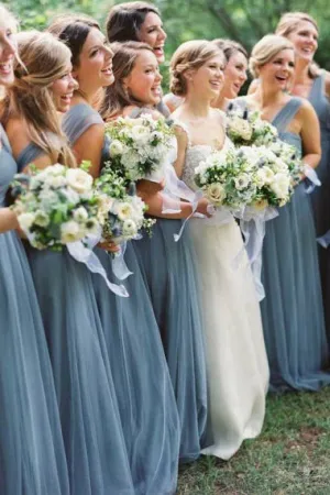 A-Line V-Neck Floor-Length Turquoise Tulle Bridesmaid Dress with Belt AHC650