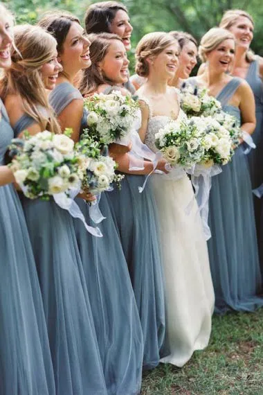 A-Line V-Neck Floor-Length Turquoise Tulle Bridesmaid Dress with Belt AHC650