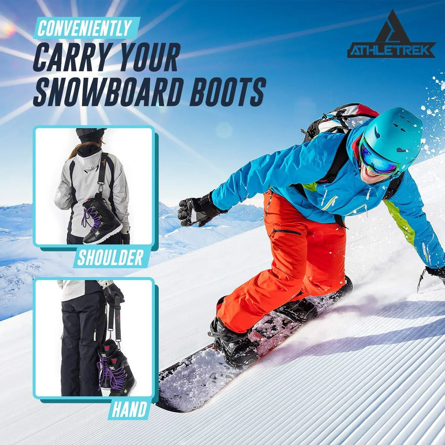 Athletrek Ski Boot & Snowboard Boot Carrier Straps | Adjustable Easy Carry Strap for Adult & Youth| Use Over Shoulder to Free up Hands | Perfect Ski Snow Winter Gear Accessory (Snowboard Boot Strap)