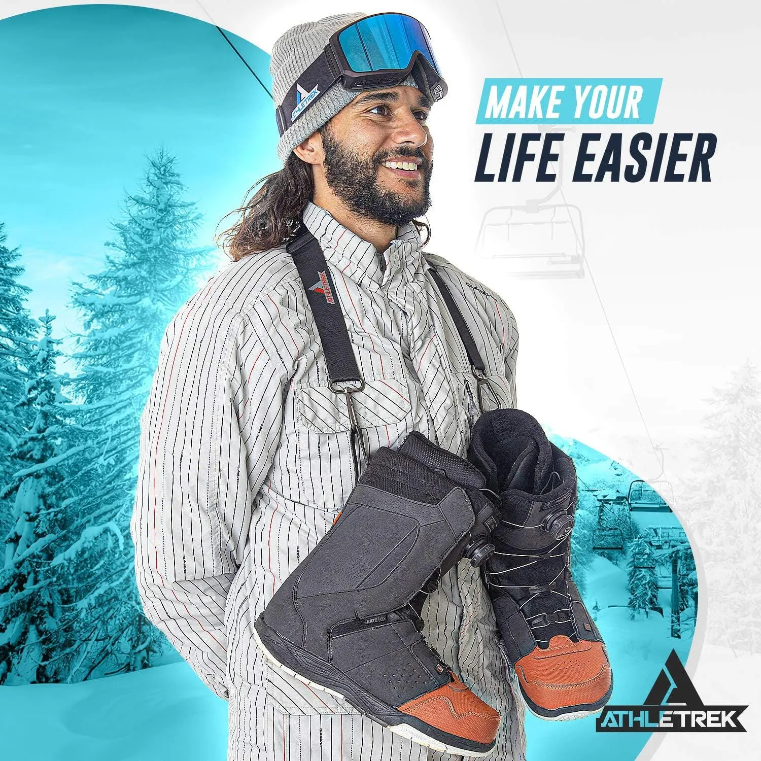 Athletrek Ski Boot & Snowboard Boot Carrier Straps | Adjustable Easy Carry Strap for Adult & Youth| Use Over Shoulder to Free up Hands | Perfect Ski Snow Winter Gear Accessory (Snowboard Boot Strap)