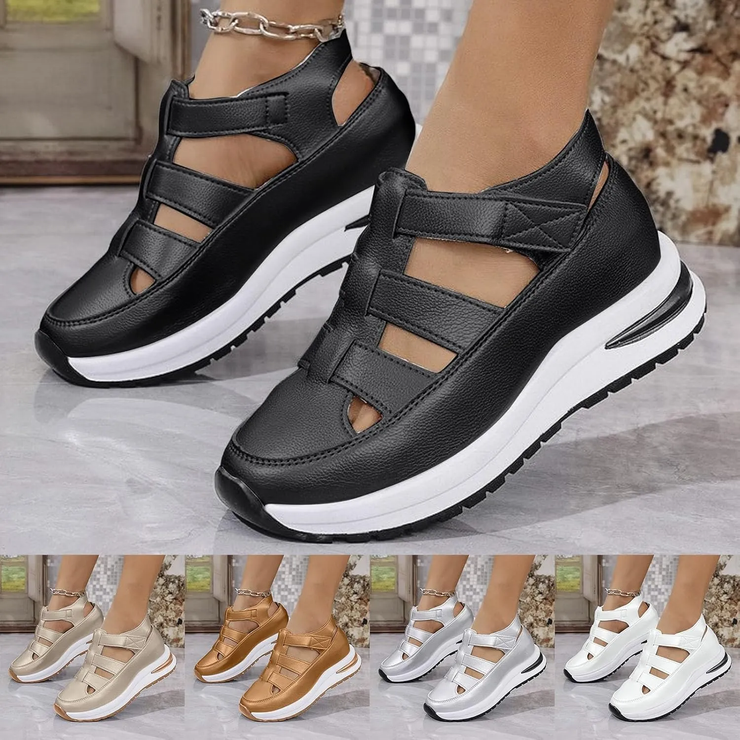 Bootara Women'S Plus Size Hollow-Out Casual Sandals, Closed Toe Platform Sandals Height-Boosting Thick Sole Dressy Summer Comfortable Wedges Dress Sandal Best Walking Shoes