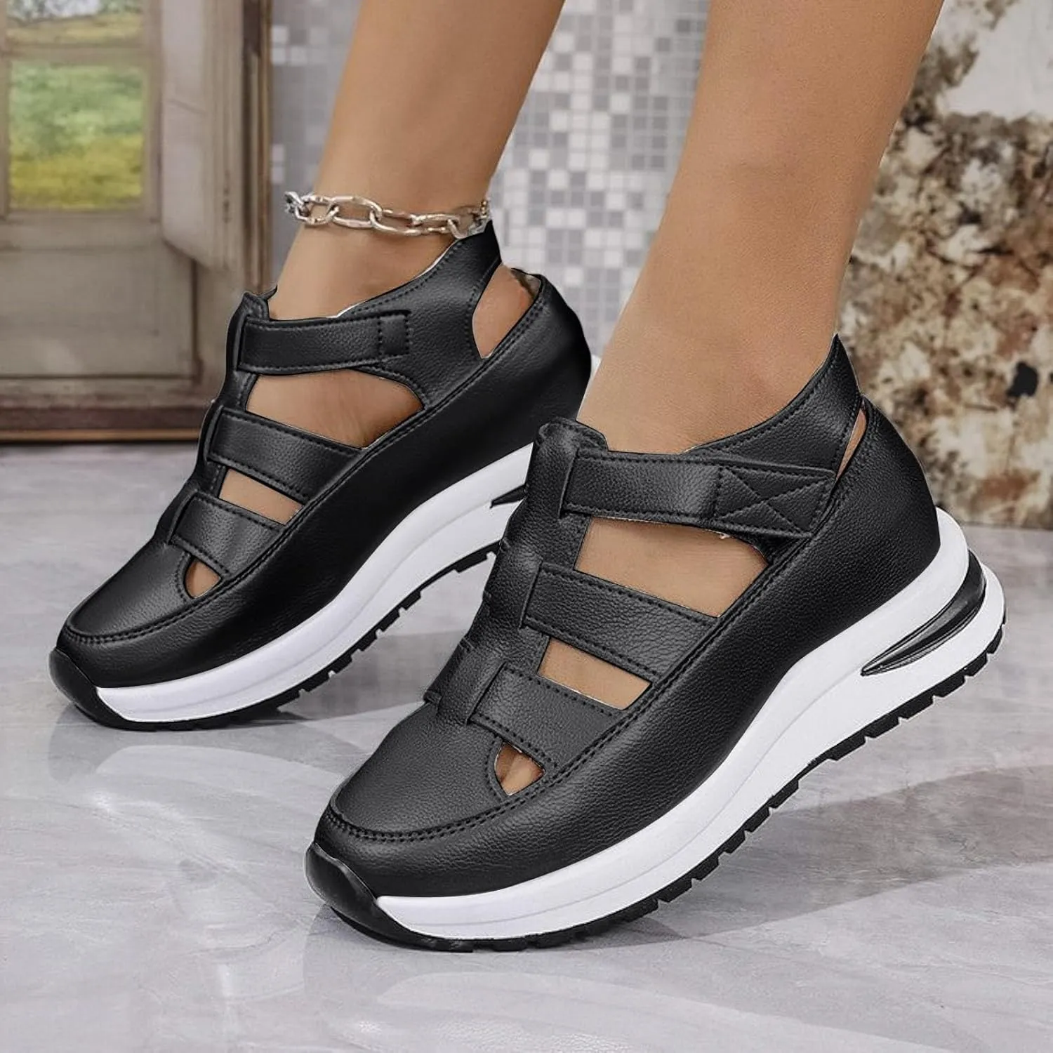 Bootara Women'S Plus Size Hollow-Out Casual Sandals, Closed Toe Platform Sandals Height-Boosting Thick Sole Dressy Summer Comfortable Wedges Dress Sandal Best Walking Shoes