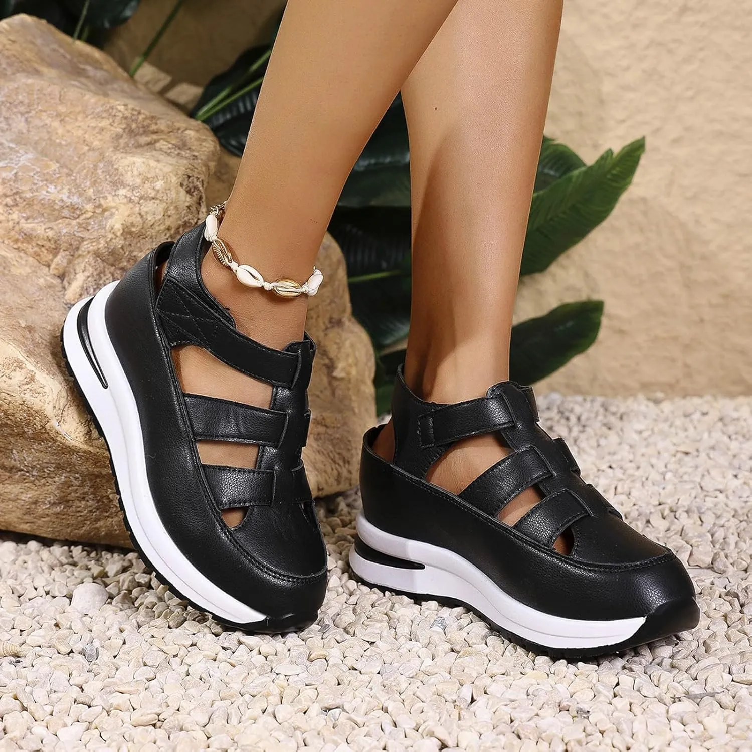 Bootara Women'S Plus Size Hollow-Out Casual Sandals, Closed Toe Platform Sandals Height-Boosting Thick Sole Dressy Summer Comfortable Wedges Dress Sandal Best Walking Shoes