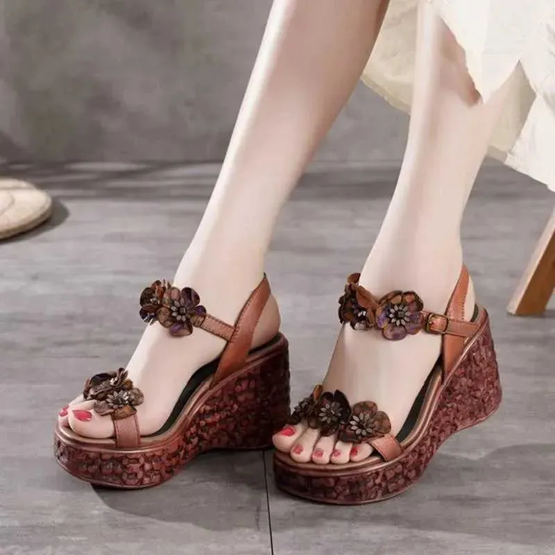 Dress Shoes Elegant Flower-embellished Moms Shoes  Summer Womens Wedge Sandals New Super High Heel Casual Fashion Platform Sandals