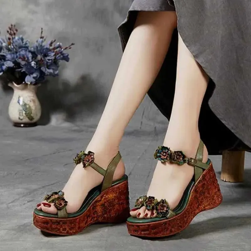 Dress Shoes Elegant Flower-embellished Moms Shoes  Summer Womens Wedge Sandals New Super High Heel Casual Fashion Platform Sandals