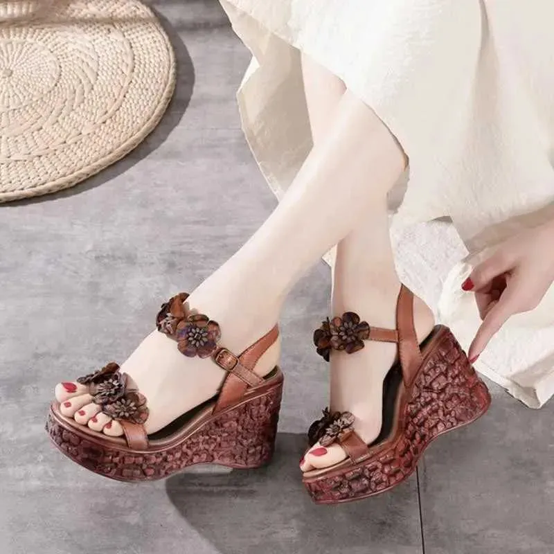 Dress Shoes Elegant Flower-embellished Moms Shoes  Summer Womens Wedge Sandals New Super High Heel Casual Fashion Platform Sandals