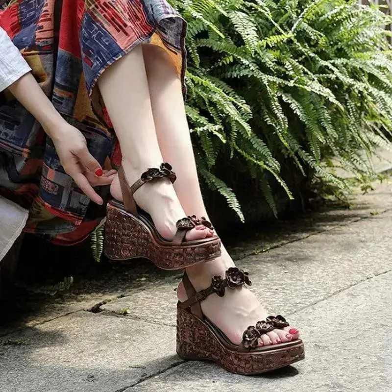 Dress Shoes Elegant Flower-embellished Moms Shoes  Summer Womens Wedge Sandals New Super High Heel Casual Fashion Platform Sandals