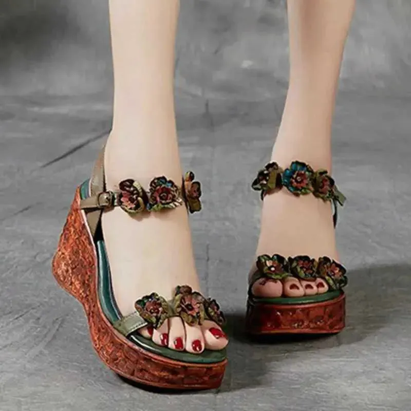 Dress Shoes Elegant Flower-embellished Moms Shoes  Summer Womens Wedge Sandals New Super High Heel Casual Fashion Platform Sandals