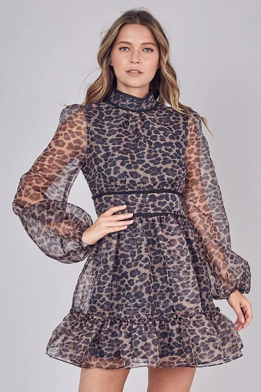 Feeling Fancy Leopard Print Mock Neck Organza Dress