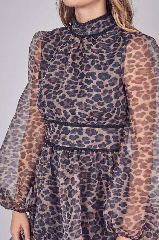 Feeling Fancy Leopard Print Mock Neck Organza Dress