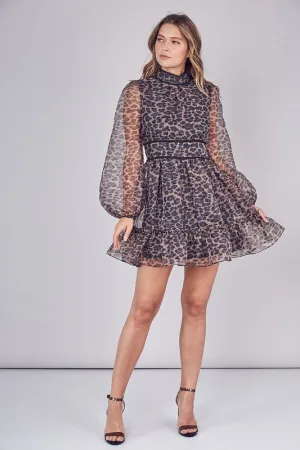 Feeling Fancy Leopard Print Mock Neck Organza Dress