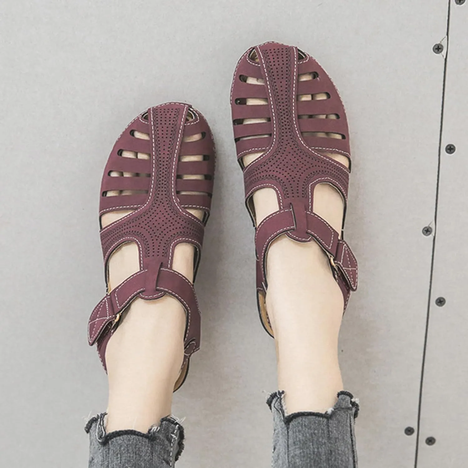Gladiator Sandals for Women Orthopedic Closed Toe Non Slip Wedge Sandals Breathable Hollow Out Hook and Loop Fastener Slides Sandal Soft Cushion Wedge Walking Shoes