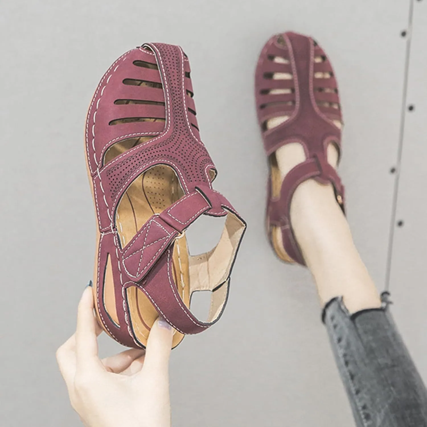 Gladiator Sandals for Women Orthopedic Closed Toe Non Slip Wedge Sandals Breathable Hollow Out Hook and Loop Fastener Slides Sandal Soft Cushion Wedge Walking Shoes