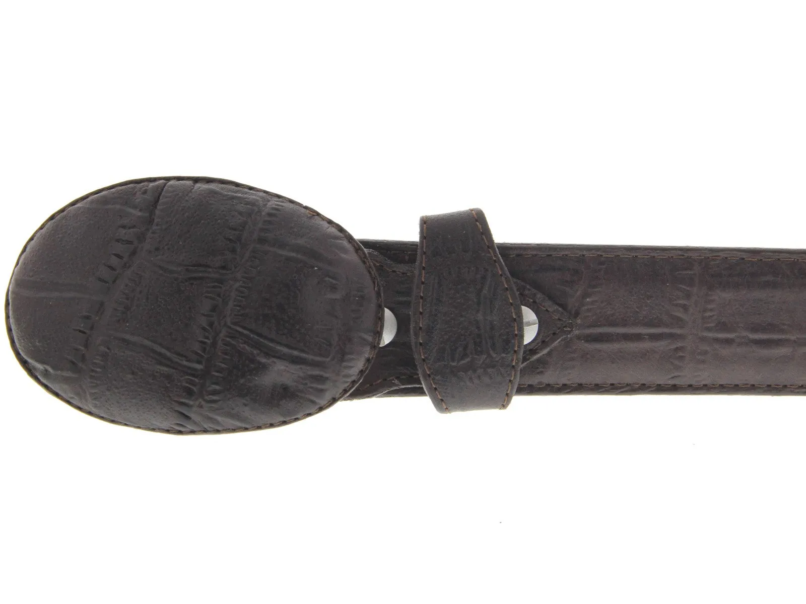 Mens Brown Alligator Big Belly Print Leather Belt - Round Buckle