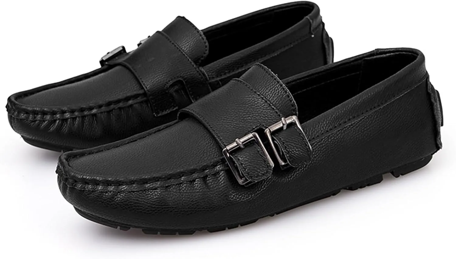 Men's Monk Strap Loafers  Vegan Leather Slip-Ons with Stitching Details, Round Toe, Comfortable & Slip-Resistant, Flat Heel for Walking