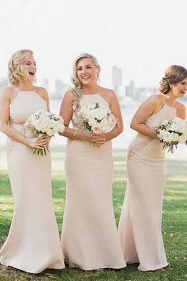 Mermaid Square Floor-Length Light Champagne Bridesmaid Dress with Lace AHC602