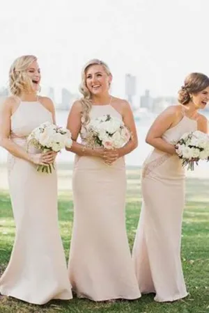 Mermaid Square Floor-Length Light Champagne Bridesmaid Dress with Lace AHC602