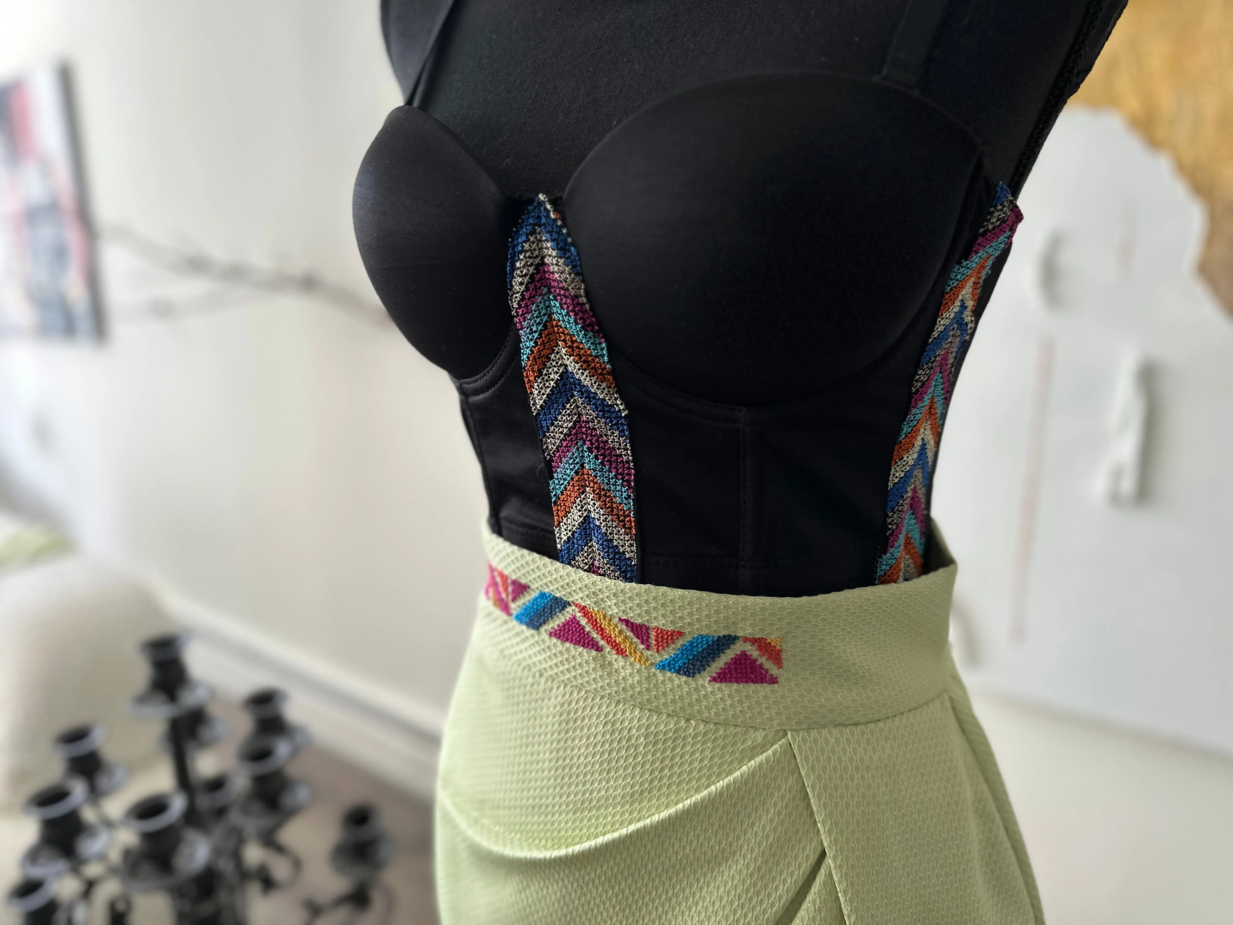Pistachio Wrap Hem Skirt with Handmade Embroidery