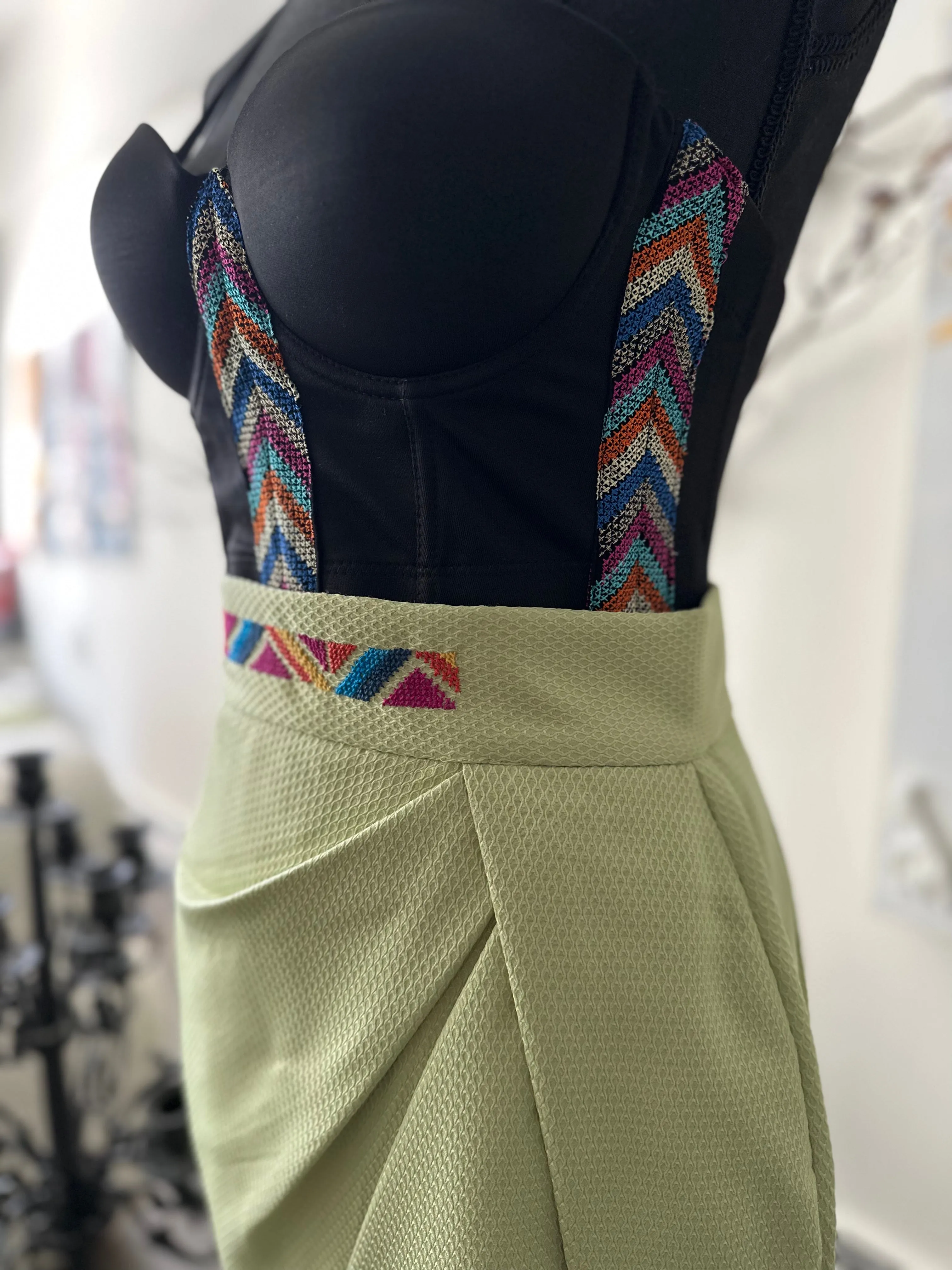 Pistachio Wrap Hem Skirt with Handmade Embroidery