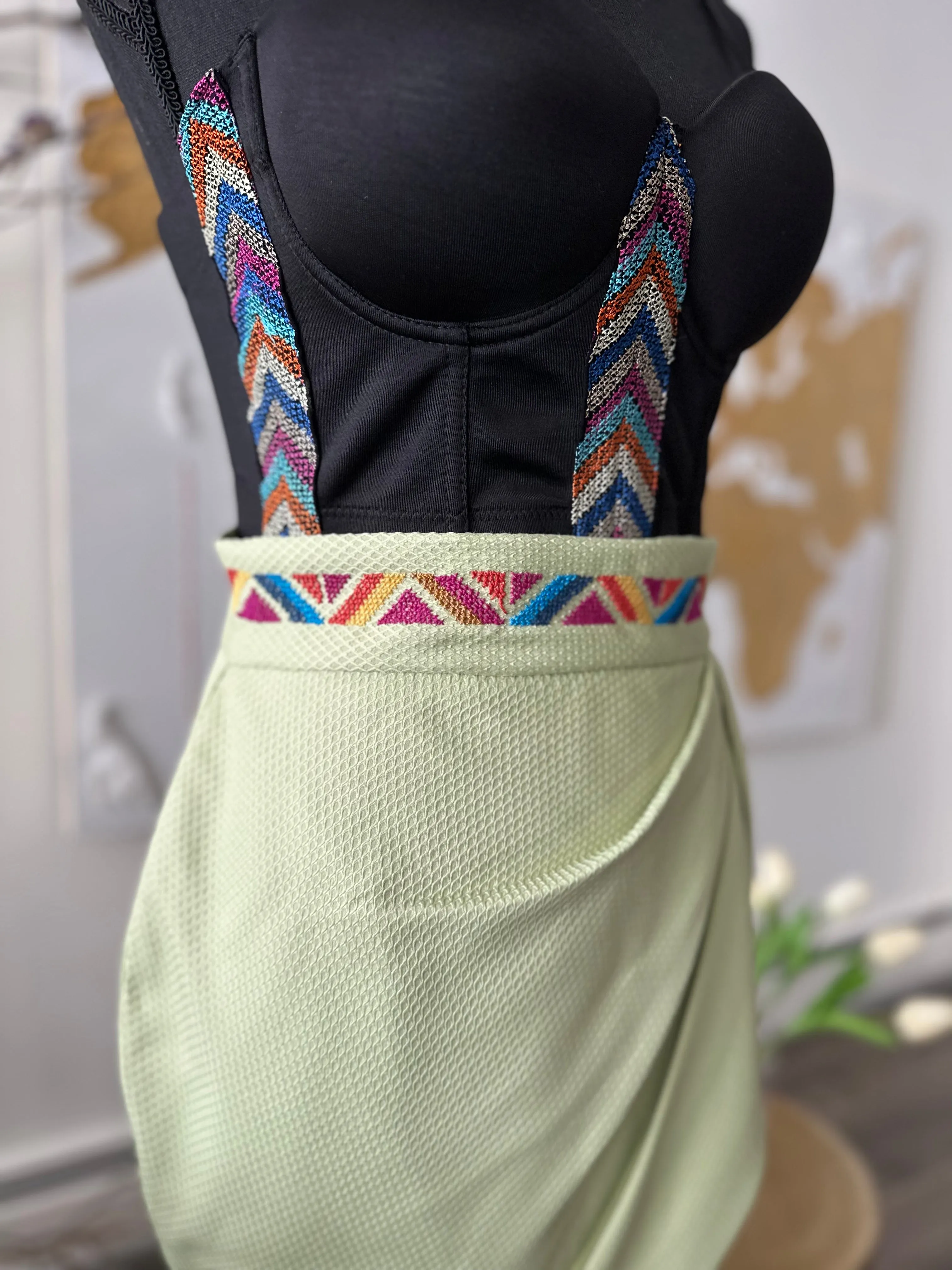 Pistachio Wrap Hem Skirt with Handmade Embroidery