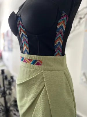 Pistachio Wrap Hem Skirt with Handmade Embroidery