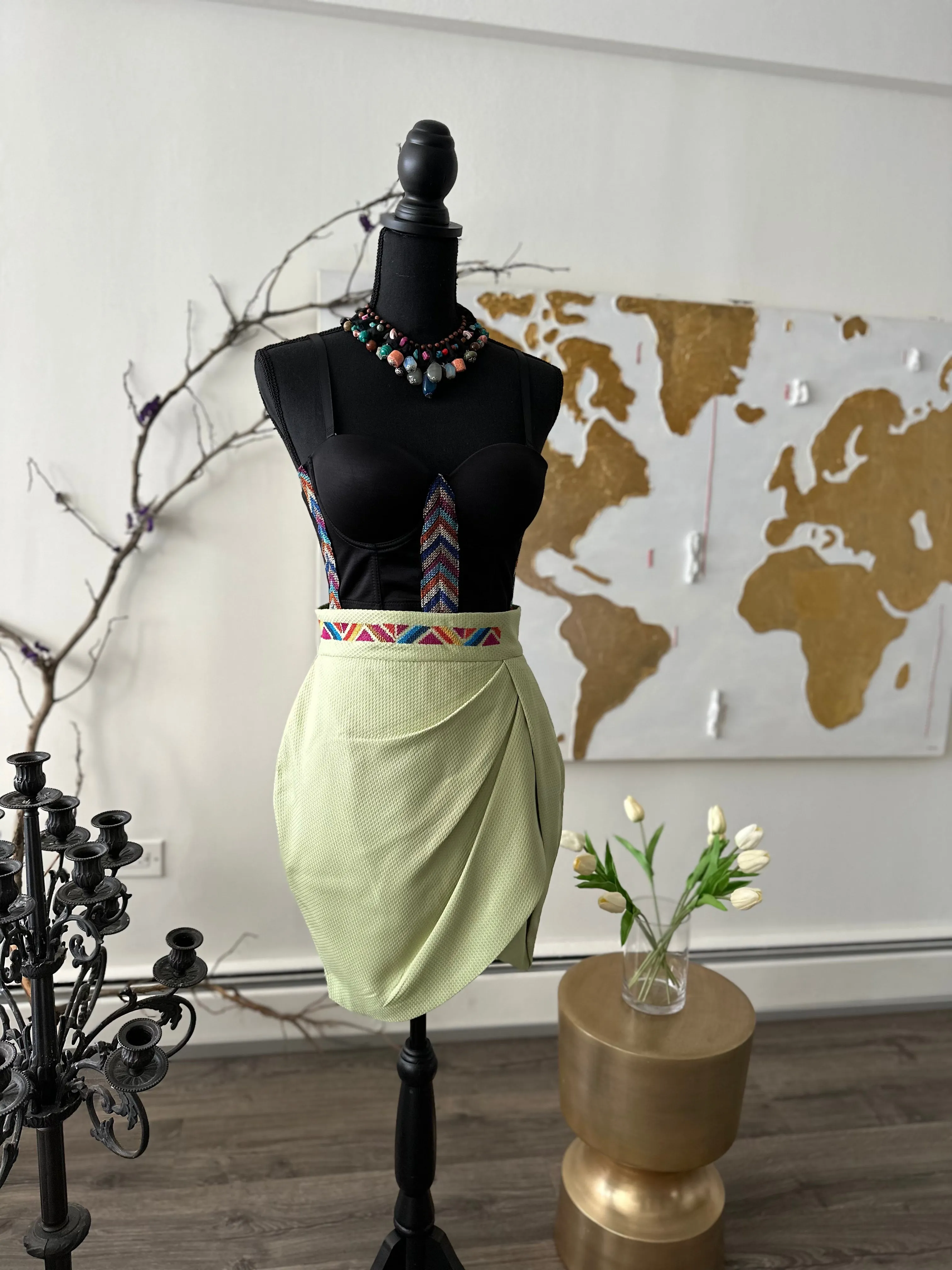Pistachio Wrap Hem Skirt with Handmade Embroidery