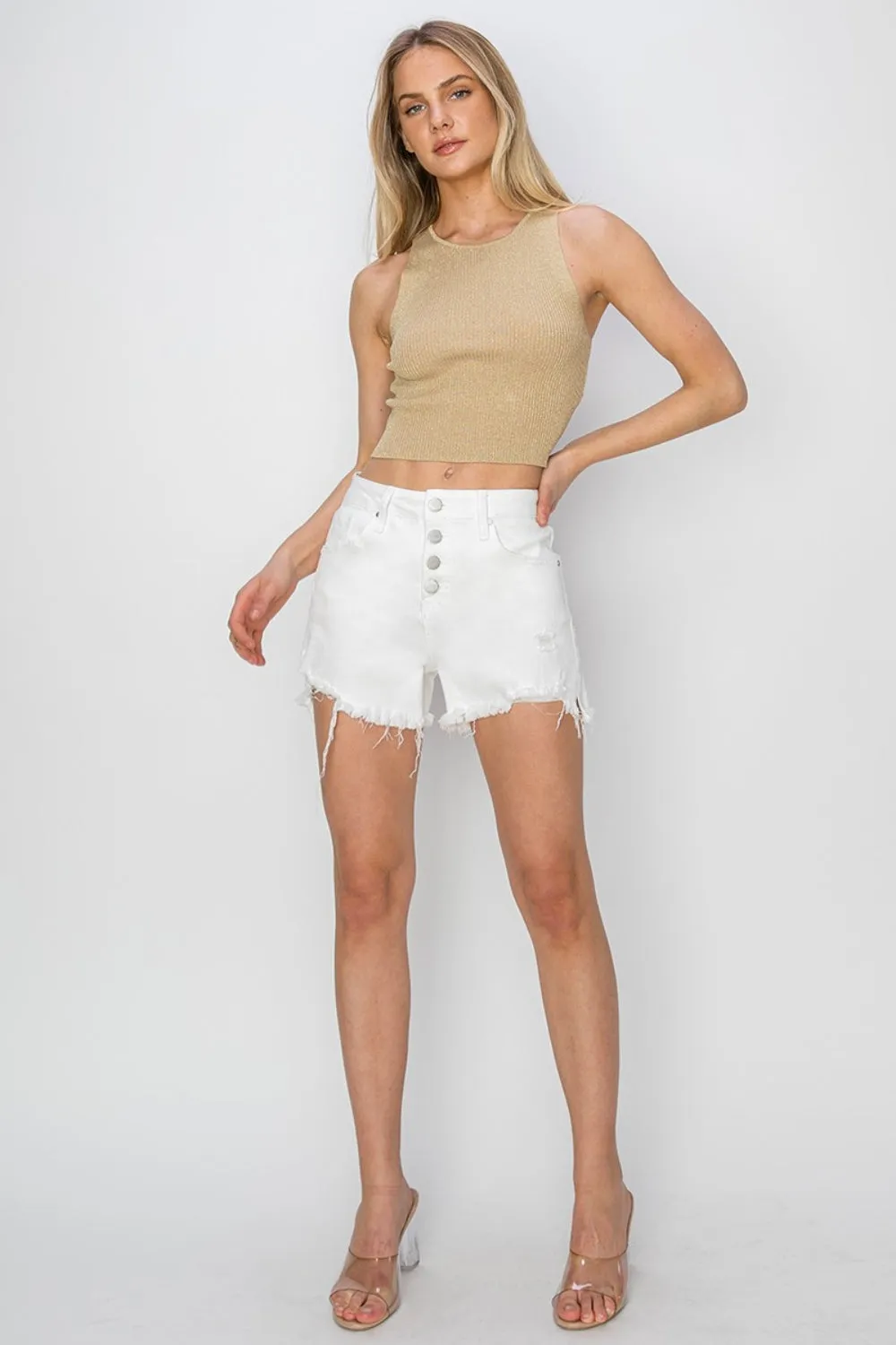 RISEN Button Fly Frayed Hem Denim Shorts in White