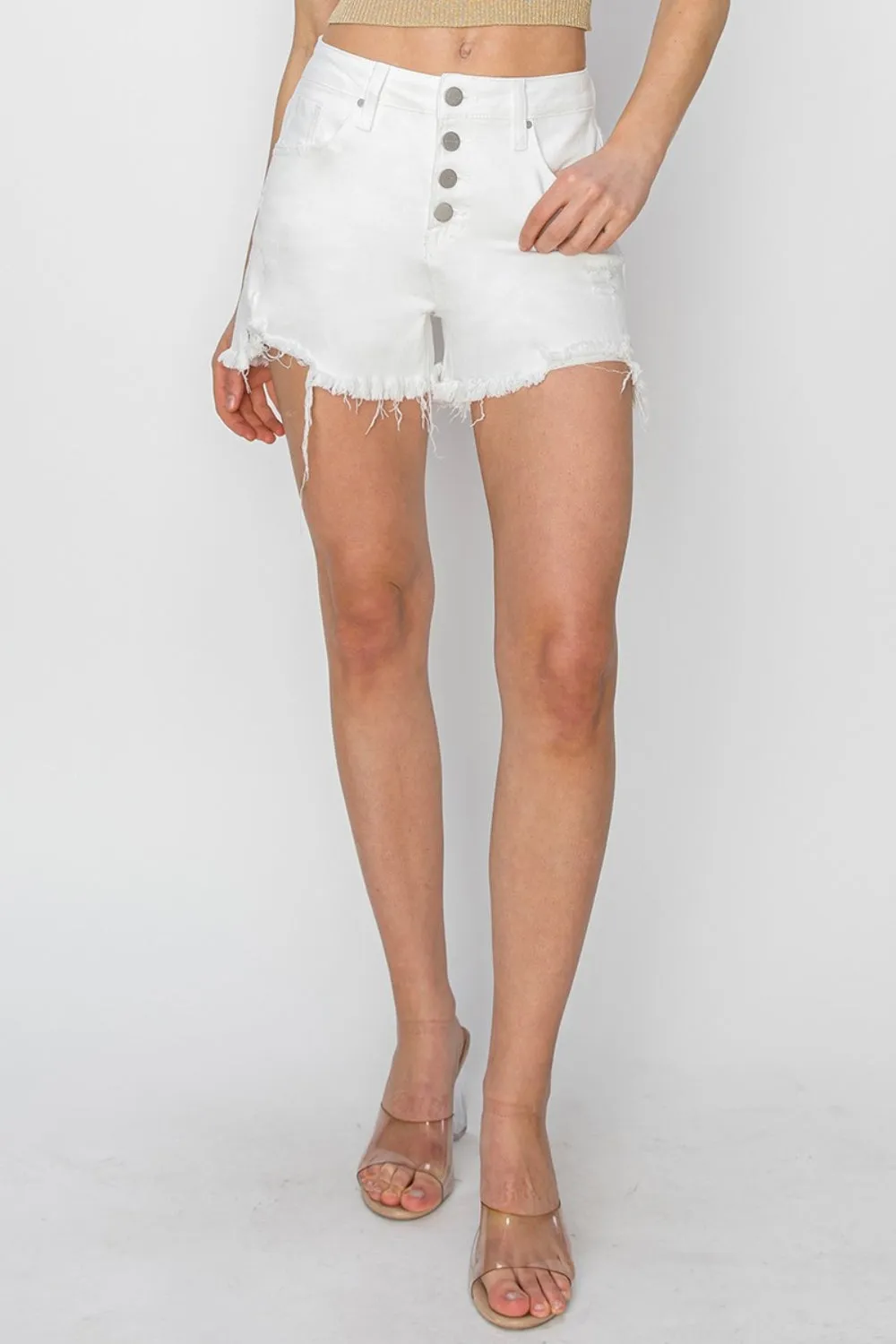 RISEN Button Fly Frayed Hem Denim Shorts in White
