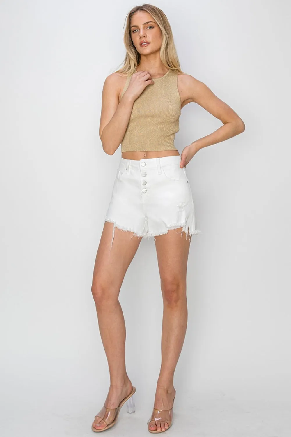 RISEN Button Fly Frayed Hem Denim Shorts in White