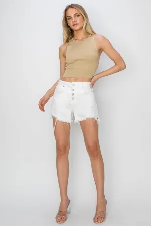 RISEN Button Fly Frayed Hem Denim Shorts in White