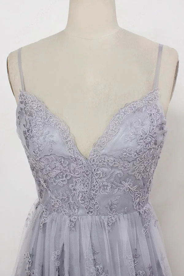 Sheath Spaghetti Straps Sweep Train Backless Grey Tulle Prom Dress with Appliques AHC669