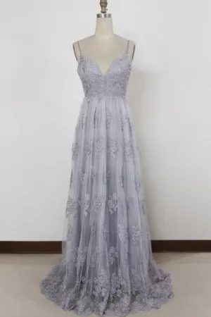 Sheath Spaghetti Straps Sweep Train Backless Grey Tulle Prom Dress with Appliques AHC669