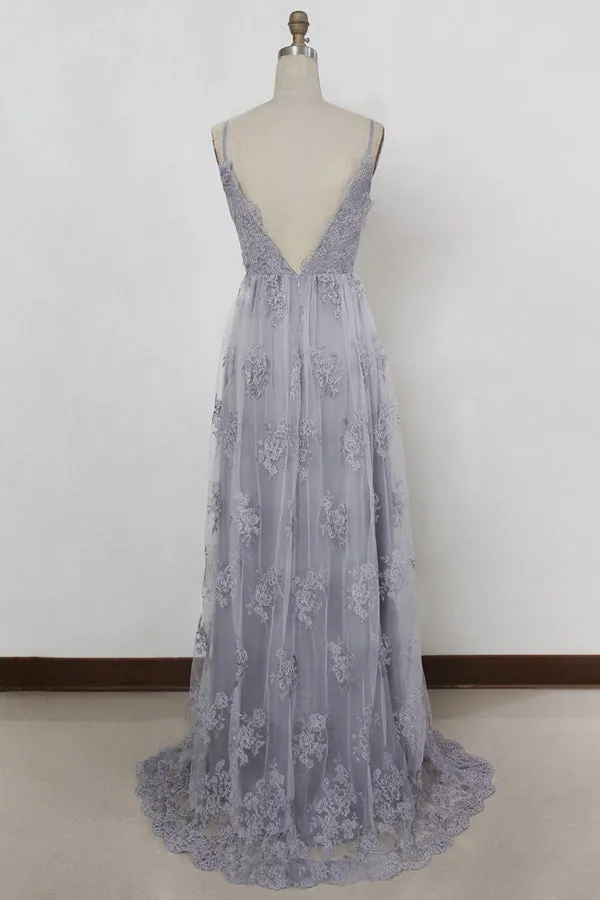 Sheath Spaghetti Straps Sweep Train Backless Grey Tulle Prom Dress with Appliques AHC669