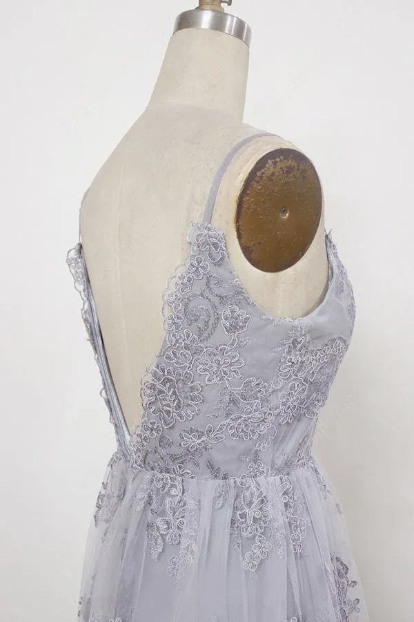 Sheath Spaghetti Straps Sweep Train Backless Grey Tulle Prom Dress with Appliques AHC669