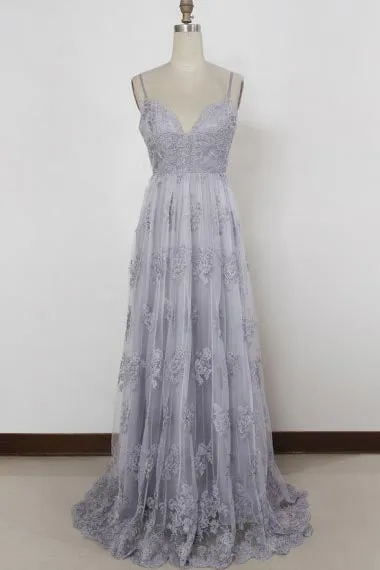 Sheath Spaghetti Straps Sweep Train Backless Grey Tulle Prom Dress with Appliques AHC669
