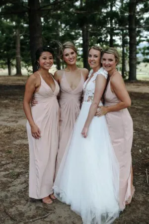 Sheath V-Neck Criss-Cross Straps Floor-Length Pink Bridesmaid Dress AHC604