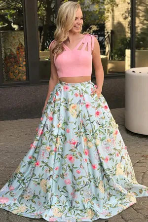 Two Piece V-Neck Sweep Train Blue Printed Satin Backless Prom Dress with Bowknot LR307