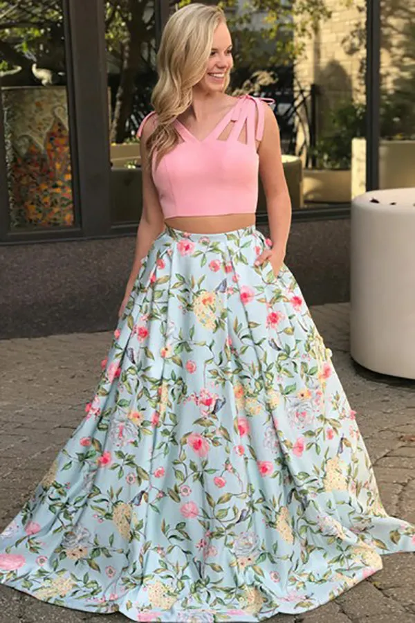 Two Piece V-Neck Sweep Train Blue Printed Satin Backless Prom Dress with Bowknot LR307