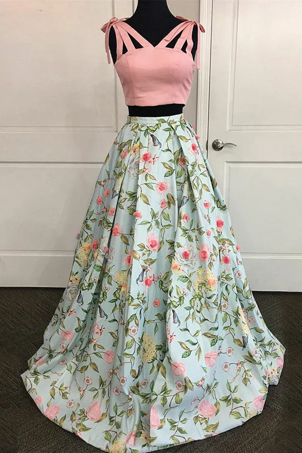 Two Piece V-Neck Sweep Train Blue Printed Satin Backless Prom Dress with Bowknot LR307