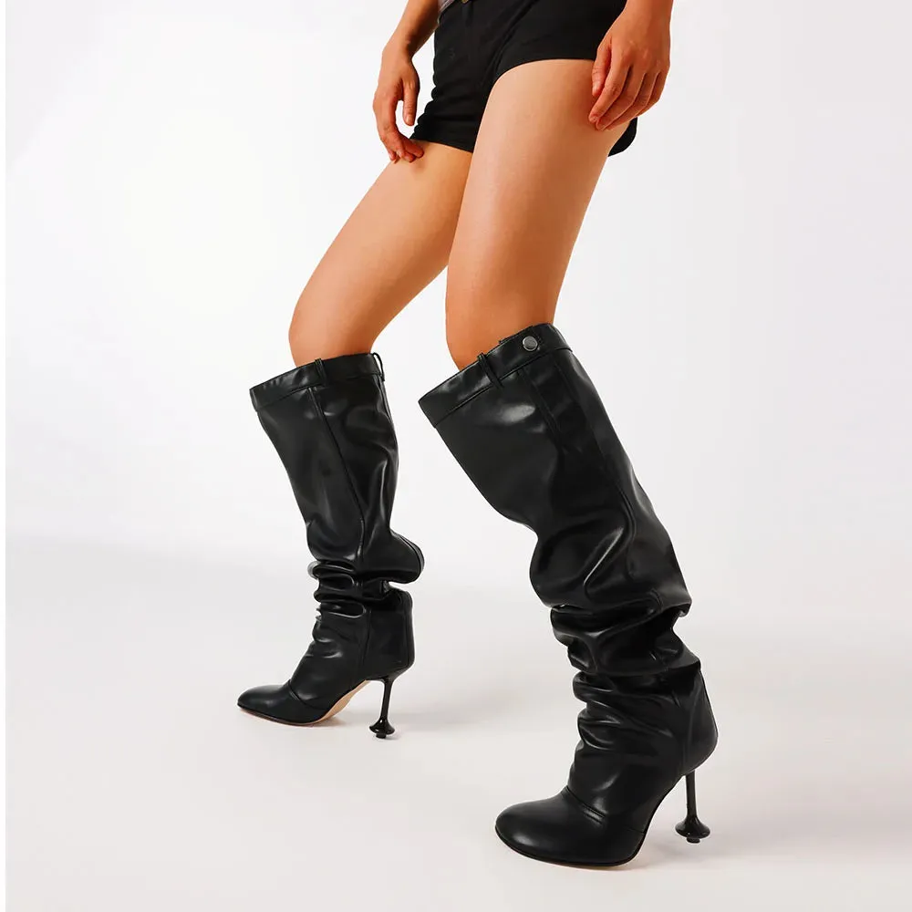Women Slouchy Knee High Pleated High Heel Boots