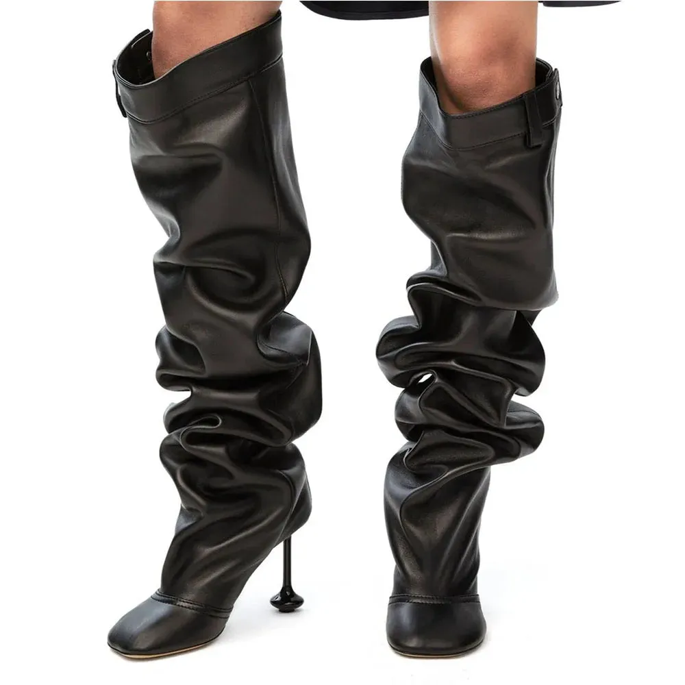Women Slouchy Knee High Pleated High Heel Boots