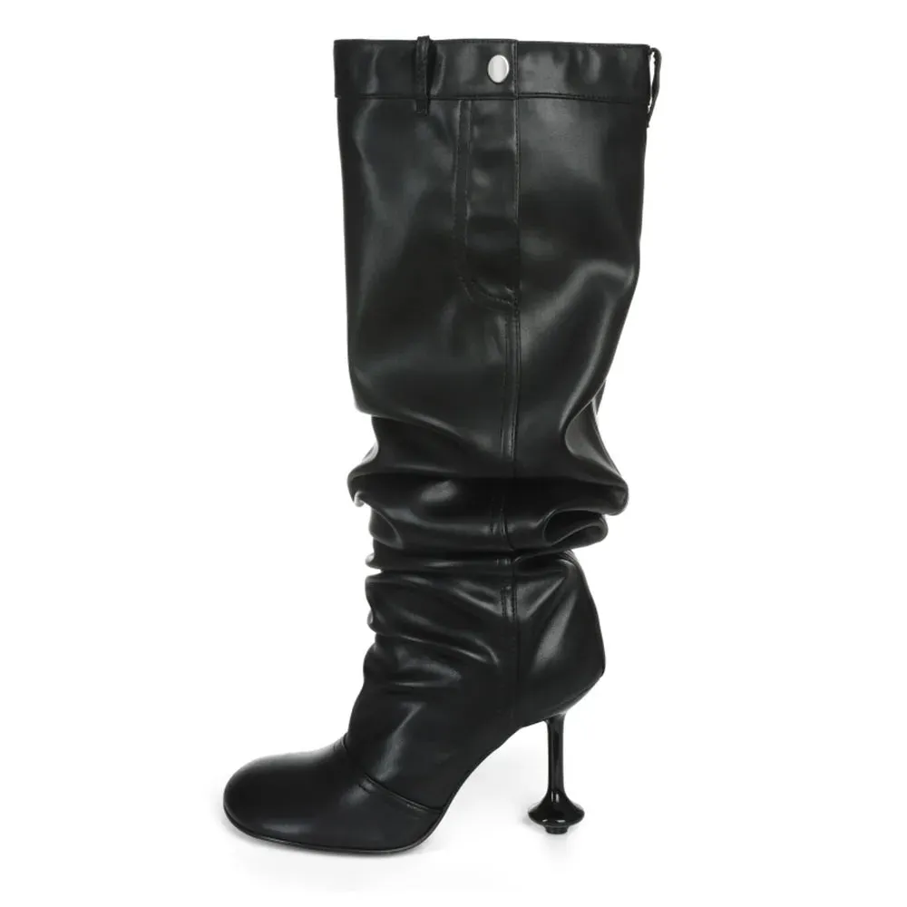 Women Slouchy Knee High Pleated High Heel Boots