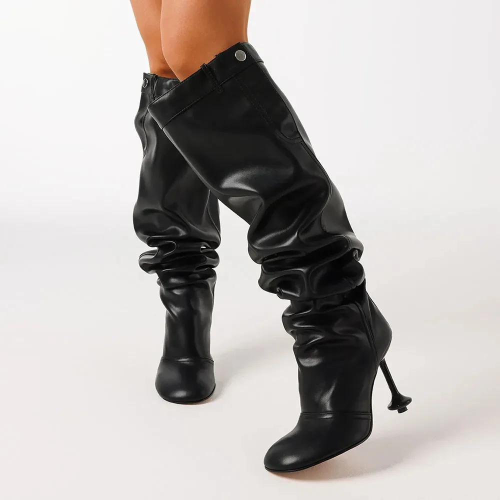 Women Slouchy Knee High Pleated High Heel Boots