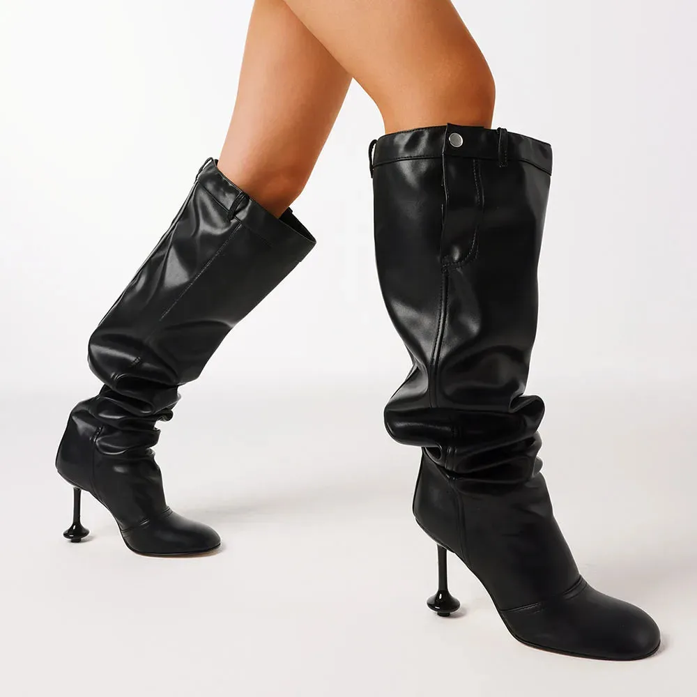 Women Slouchy Knee High Pleated High Heel Boots